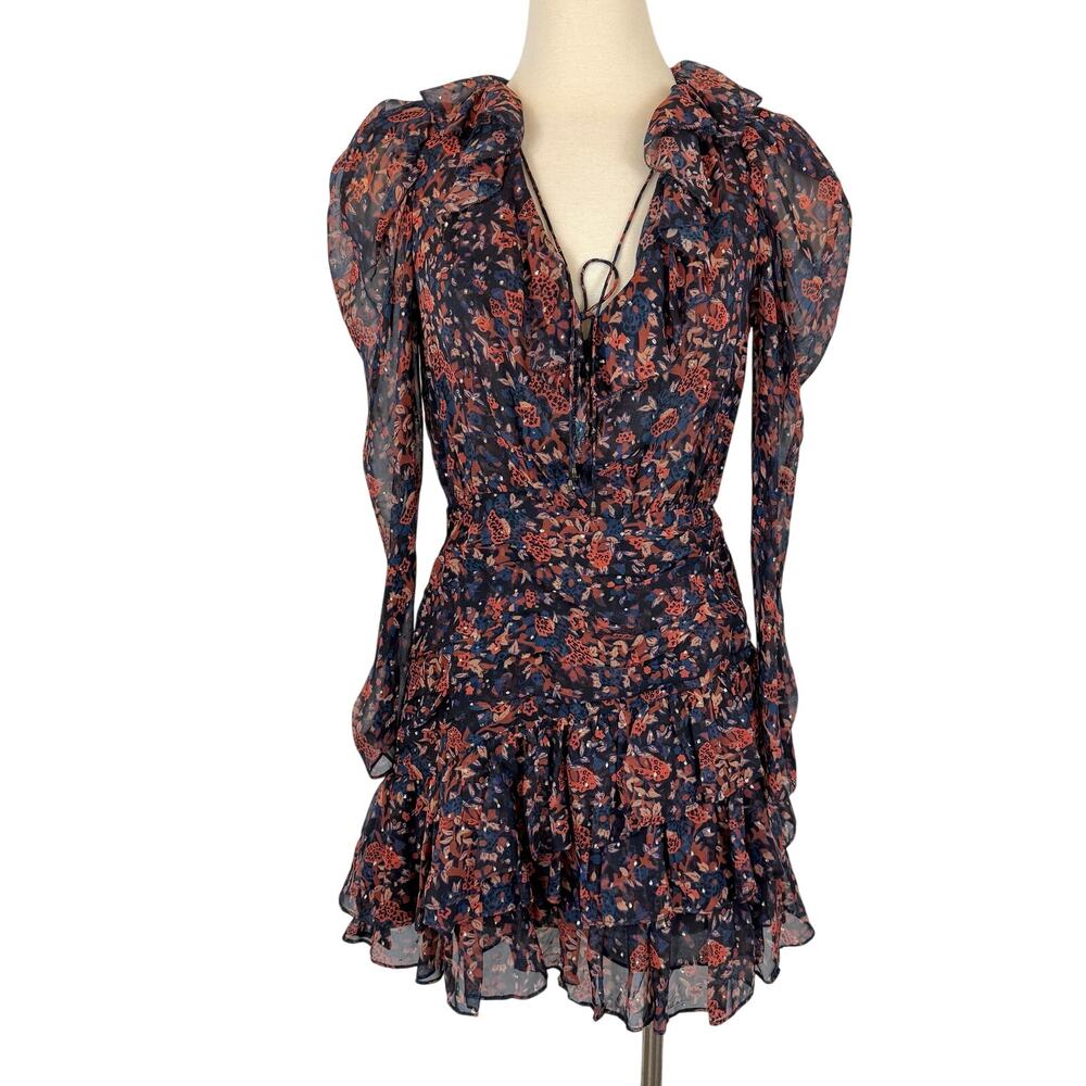 Ulla Johnson Cecily Silk Lurex Ruffle Mini Dress Romantic Floral Cosmos Size 2